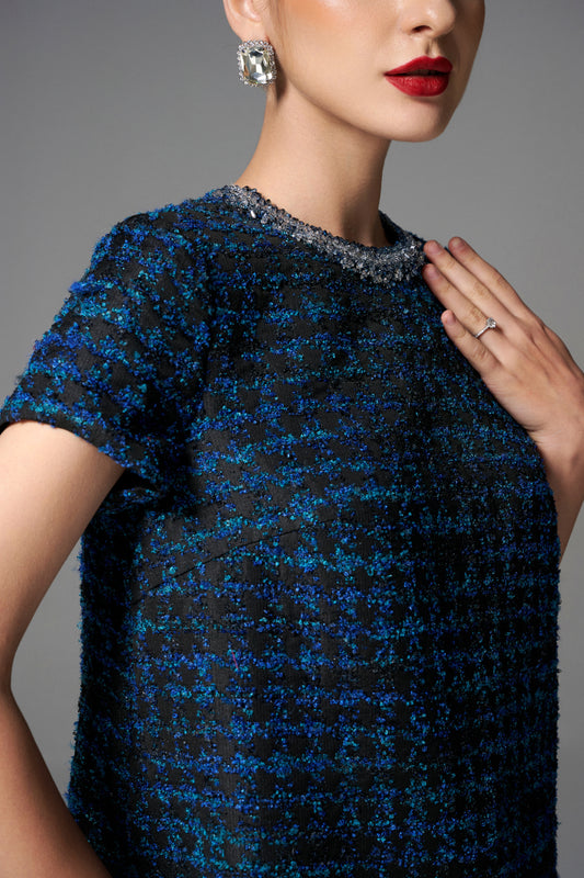 Blue and Black Tweed Shift Dress with Beaded Collar
