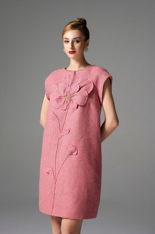 Blush Pink Sleeveless Shift Dress – 3D Floral Applique Design