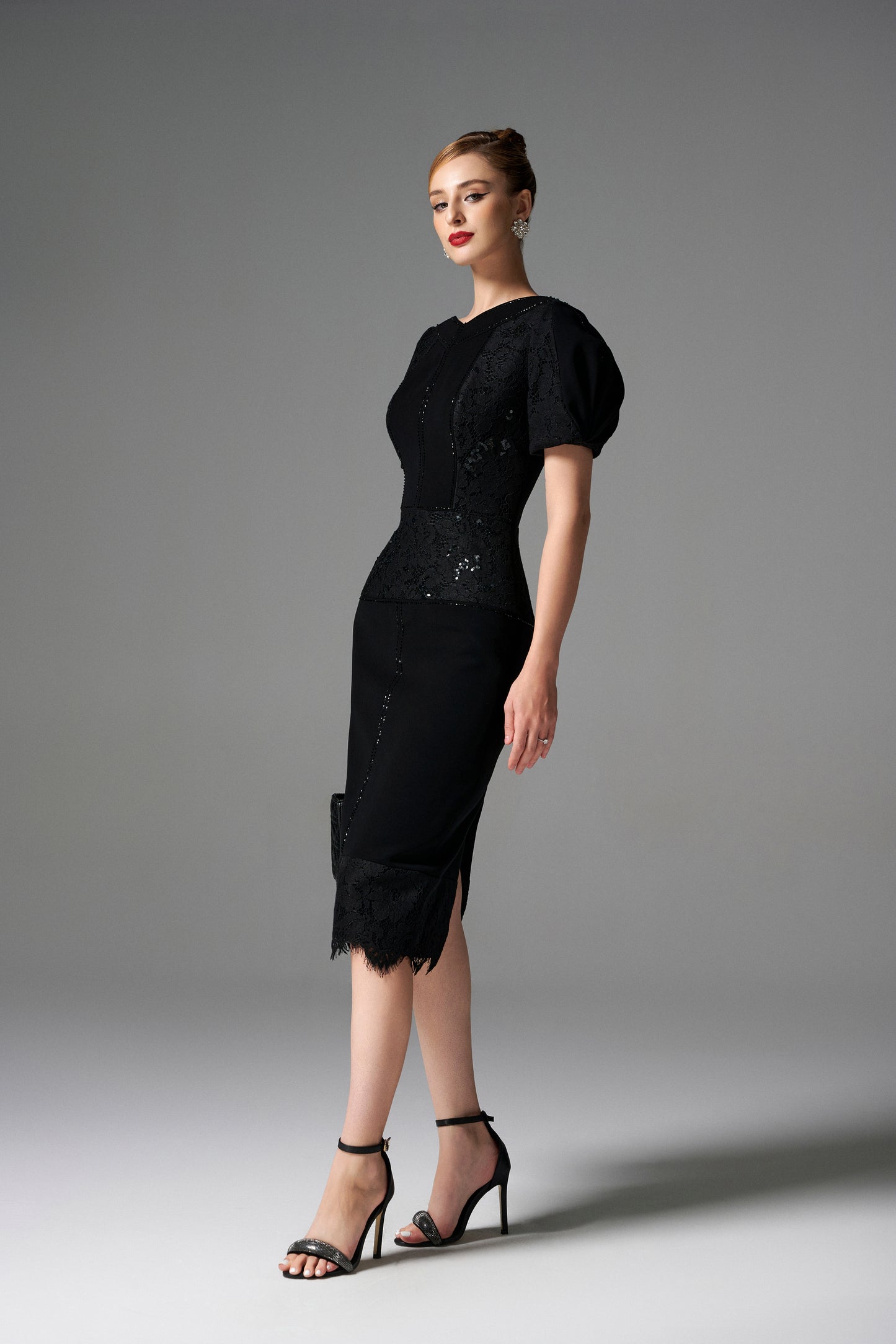 Black Lace Bodycon Midi Dress with Puff Sleeves