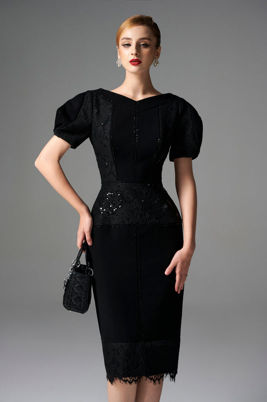 Black Lace Bodycon Midi Dress with Puff Sleeves