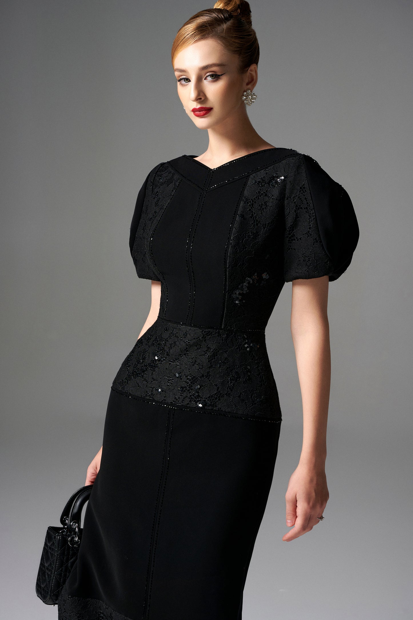 Black Lace Bodycon Midi Dress with Puff Sleeves
