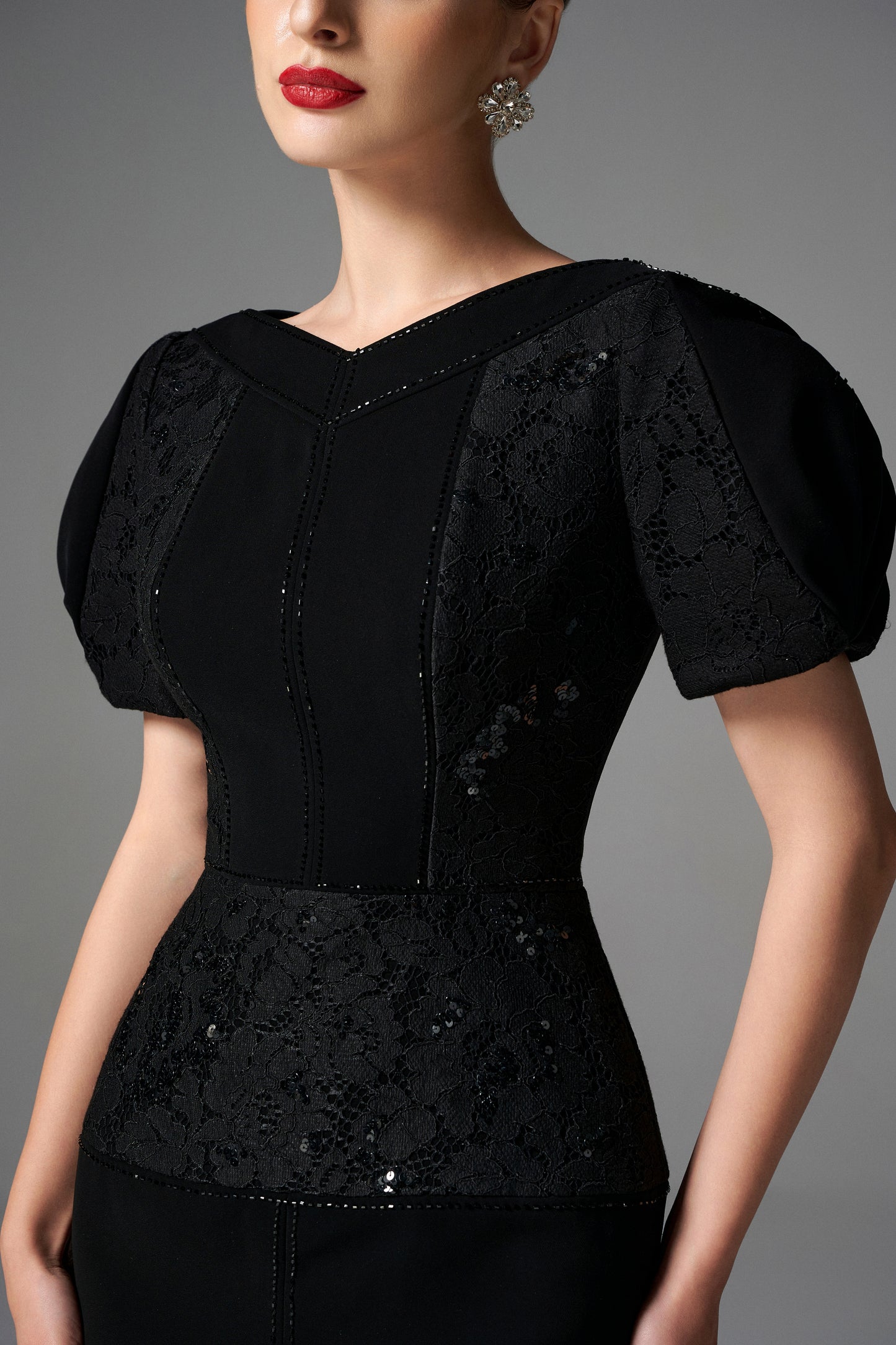 Black Lace Bodycon Midi Dress with Puff Sleeves
