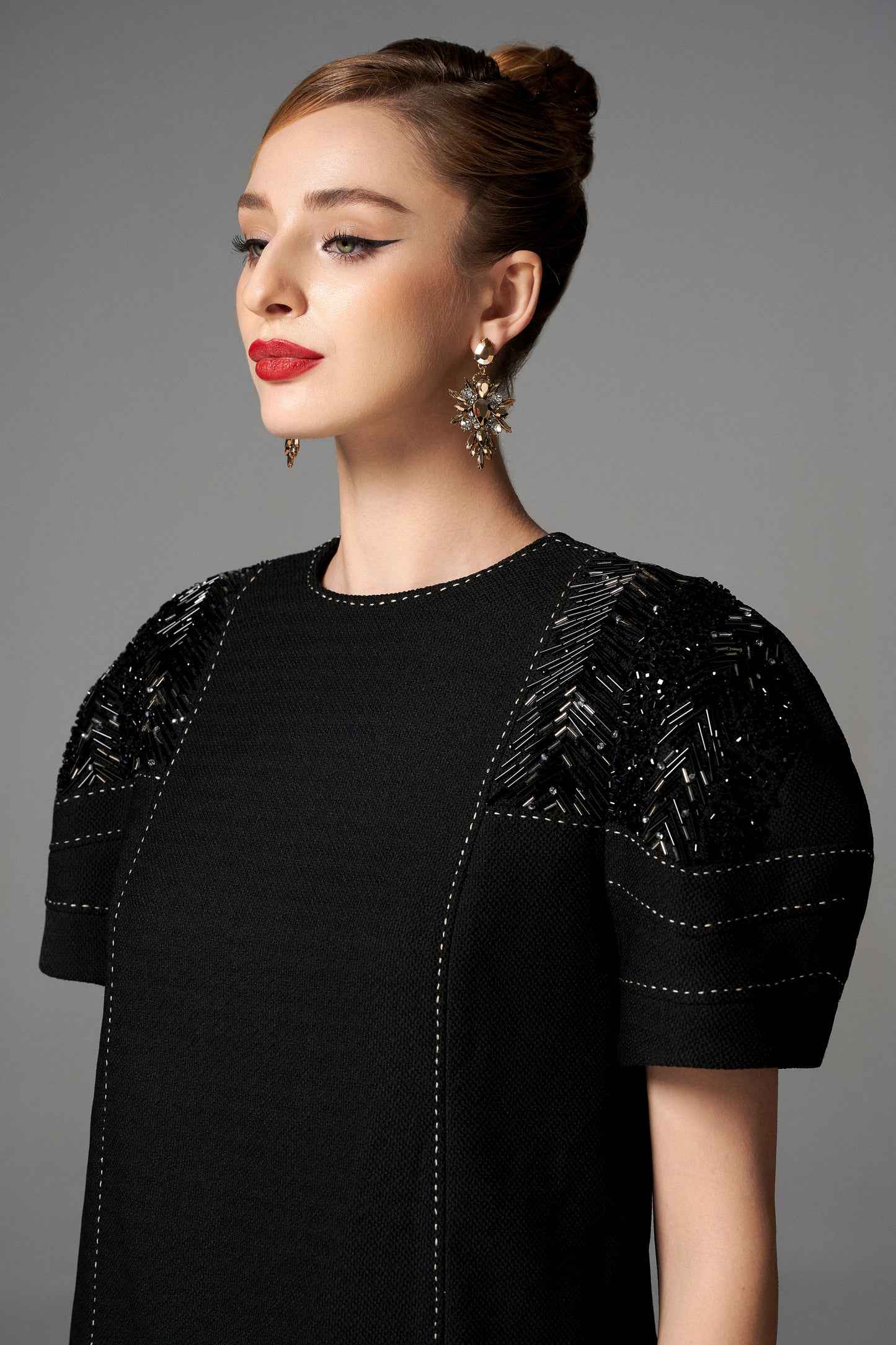 Black Embellished Puff Sleeve Mini Dress
