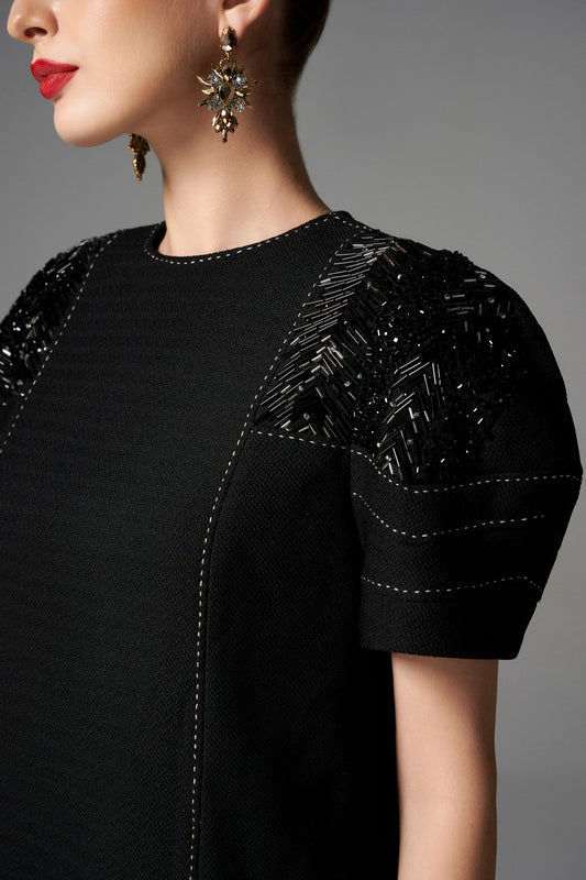 Black Embellished Puff Sleeve Mini Dress