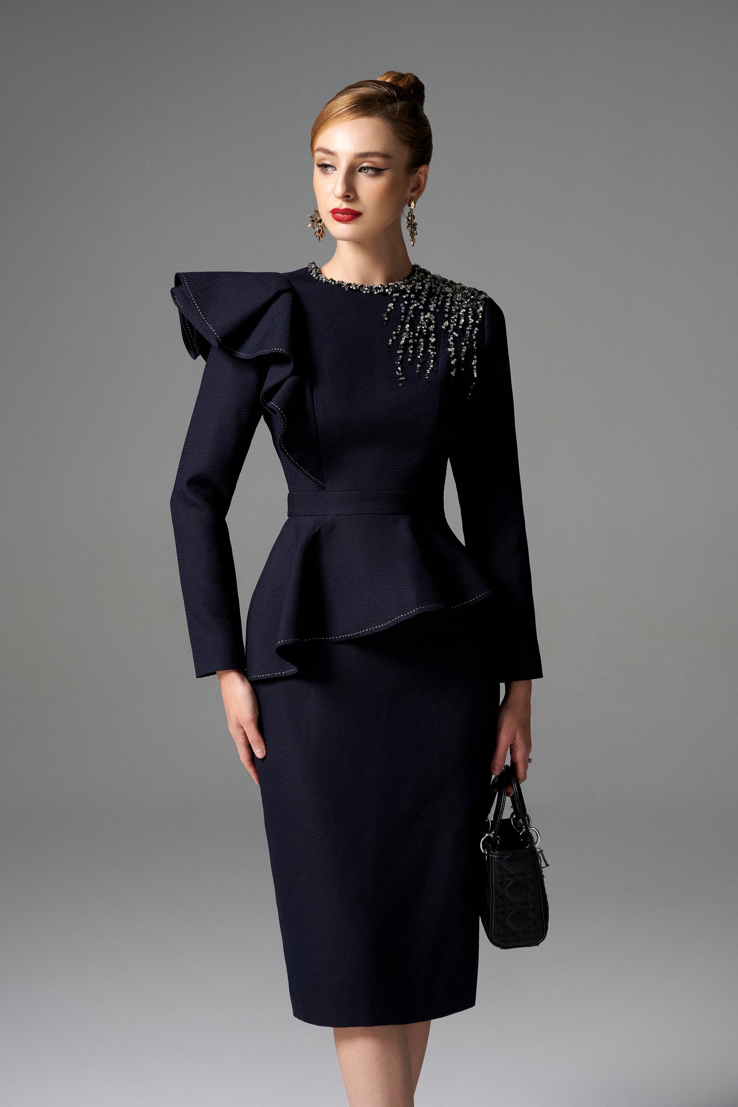 Navy Peplum Midi Dress with Embellished Shoulder