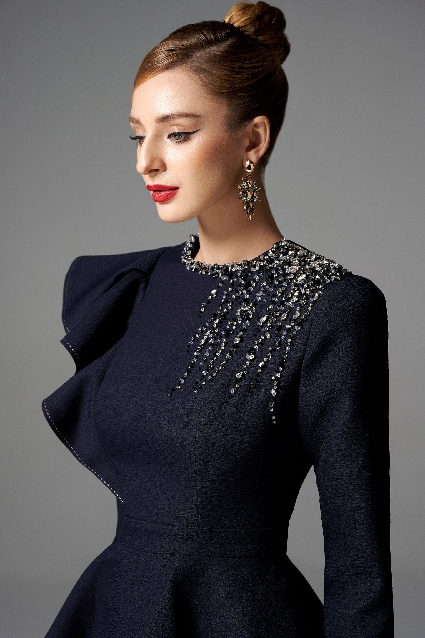 Navy Peplum Midi Dress with Embellished Shoulder