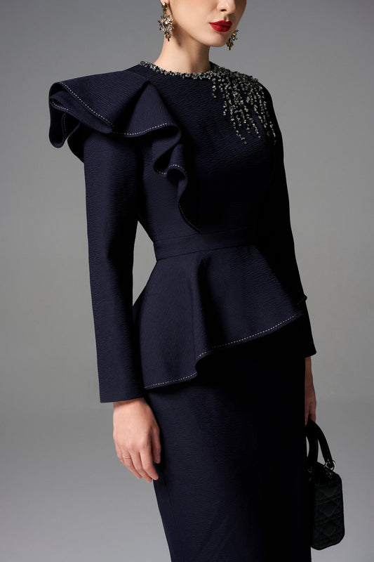 Navy Peplum Midi Dress with Embellished Shoulder