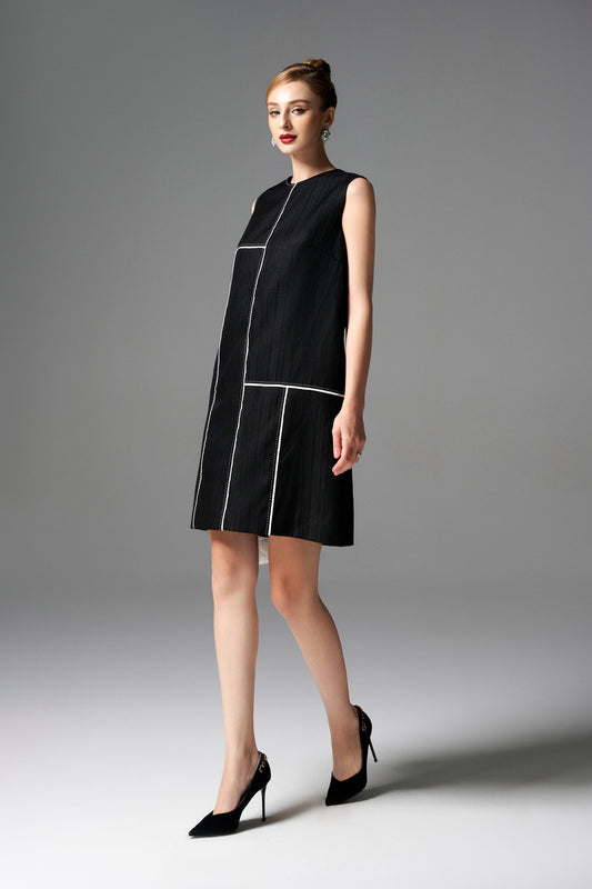Sleeveless Black Shift Dress with Geometric White Stitch Detailing