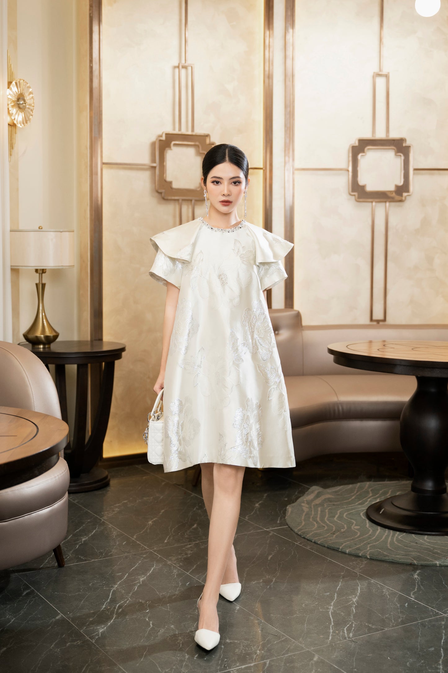 Floral Jacquard A-Line Dress with Structured Sleeves