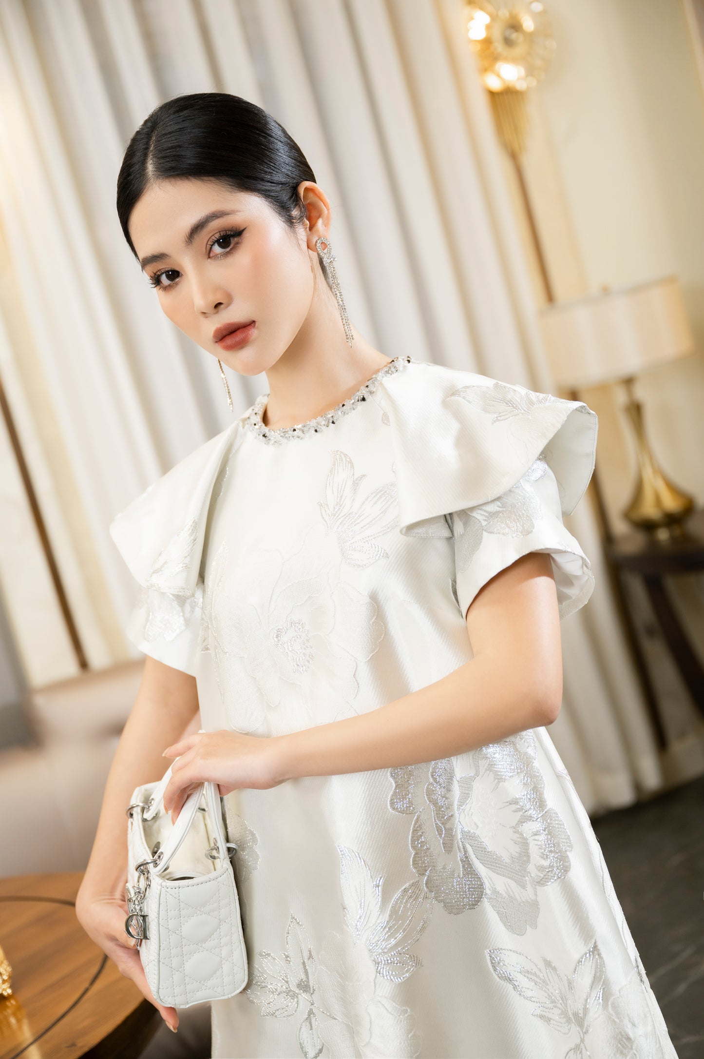 Floral Jacquard A-Line Dress with Structured Sleeves