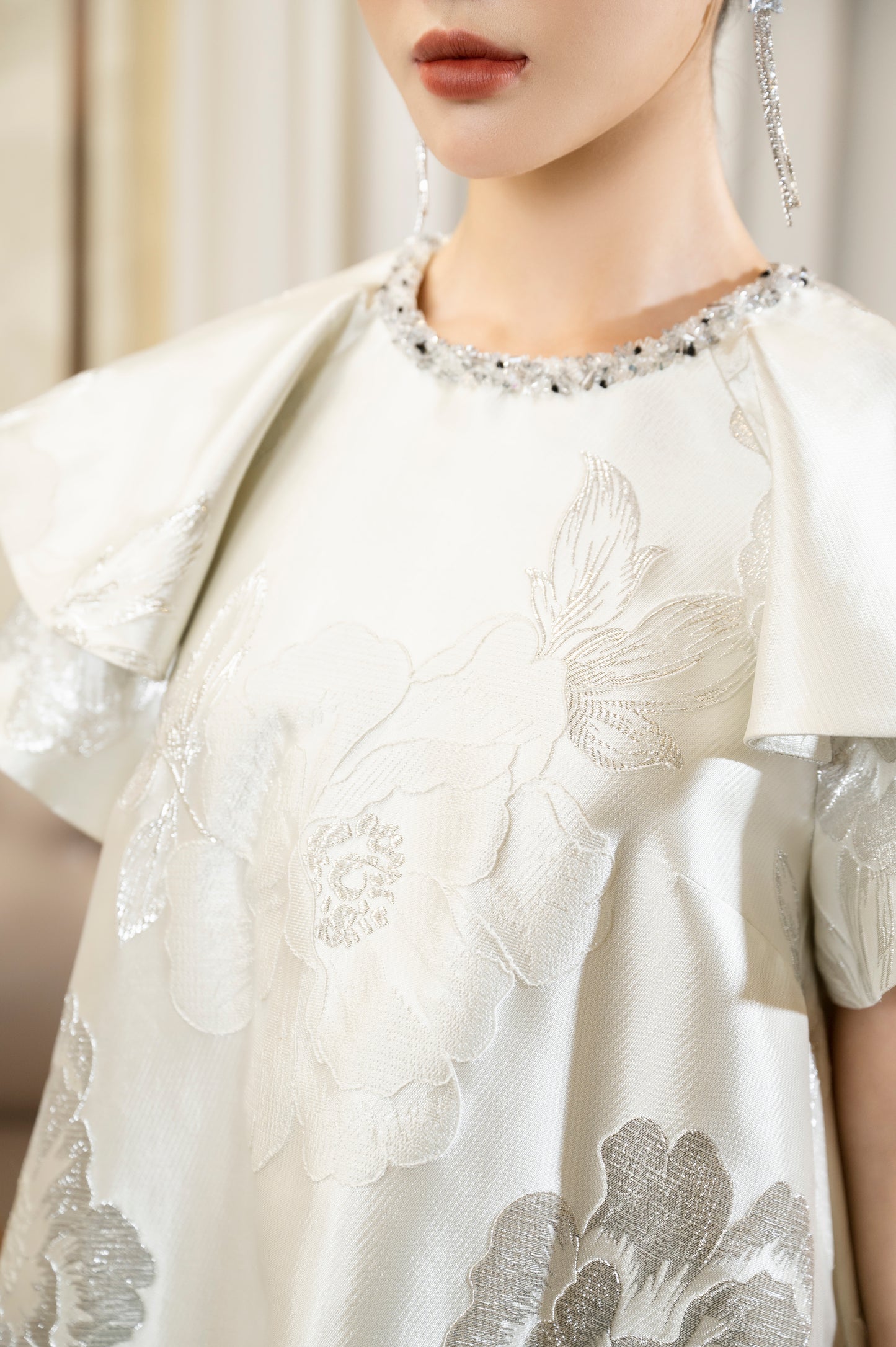 Floral Jacquard A-Line Dress with Structured Sleeves