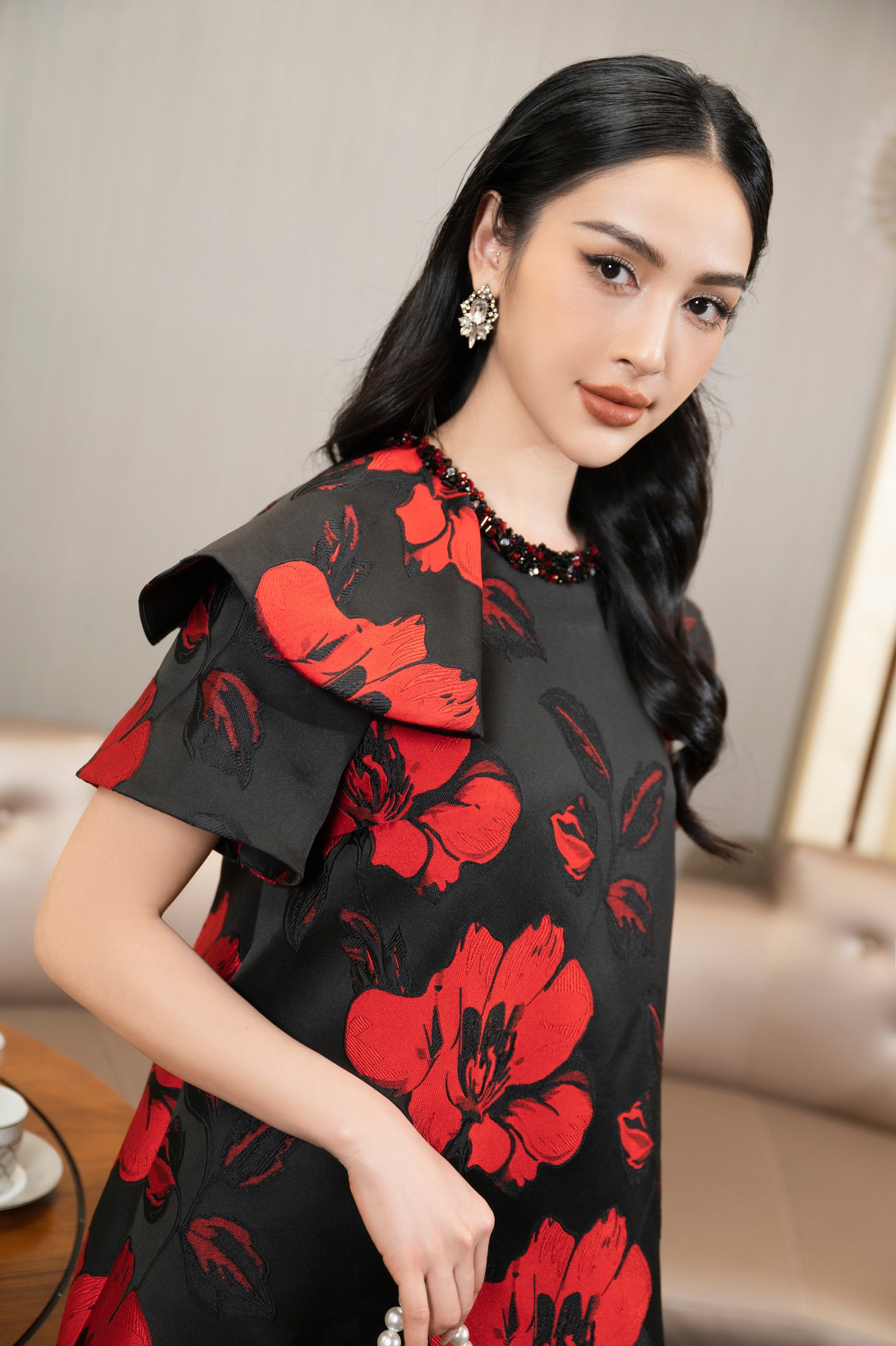 Floral Jacquard A-Line Dress with Structured Sleeves