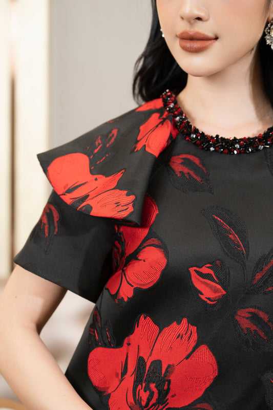 Floral Jacquard A-Line Dress with Structured Sleeves