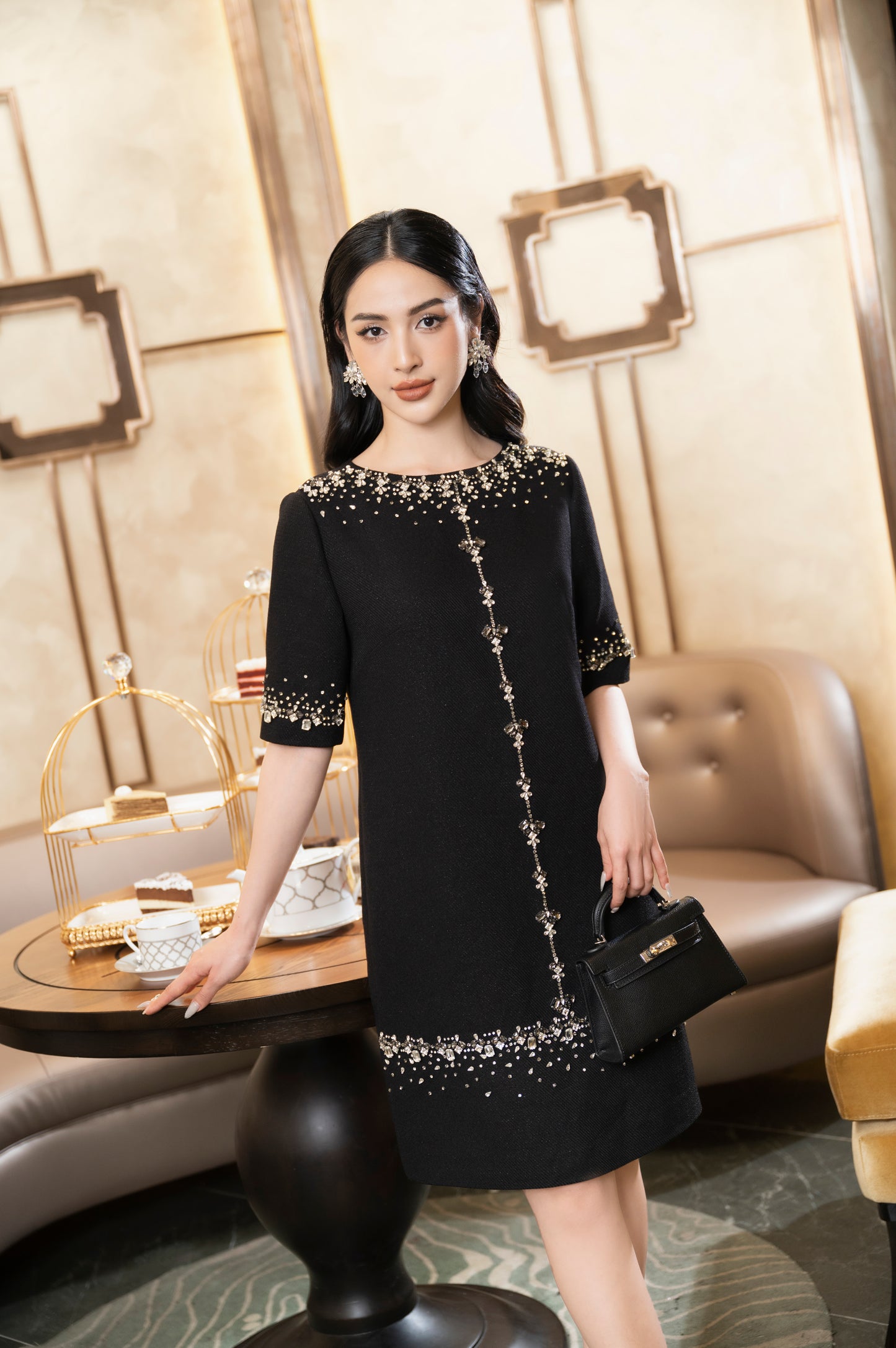 Black Pearl Embellished Midi Dress with Half Sleeves