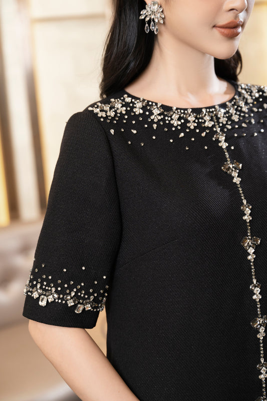 Black Pearl Embellished Midi Dress with Half Sleeves