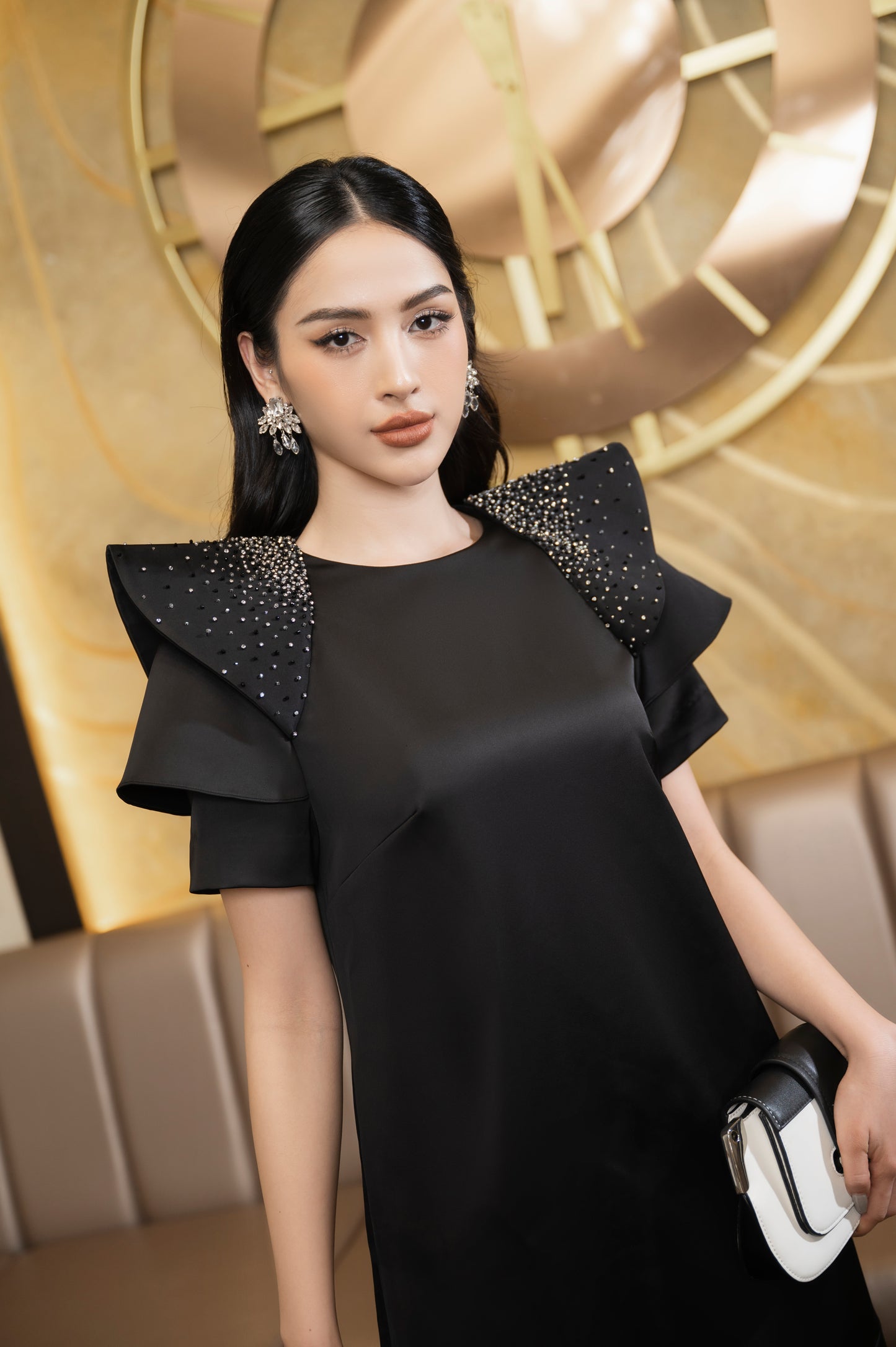 Black Satin Midi Dress with Embellished Ruffled Shoulders
