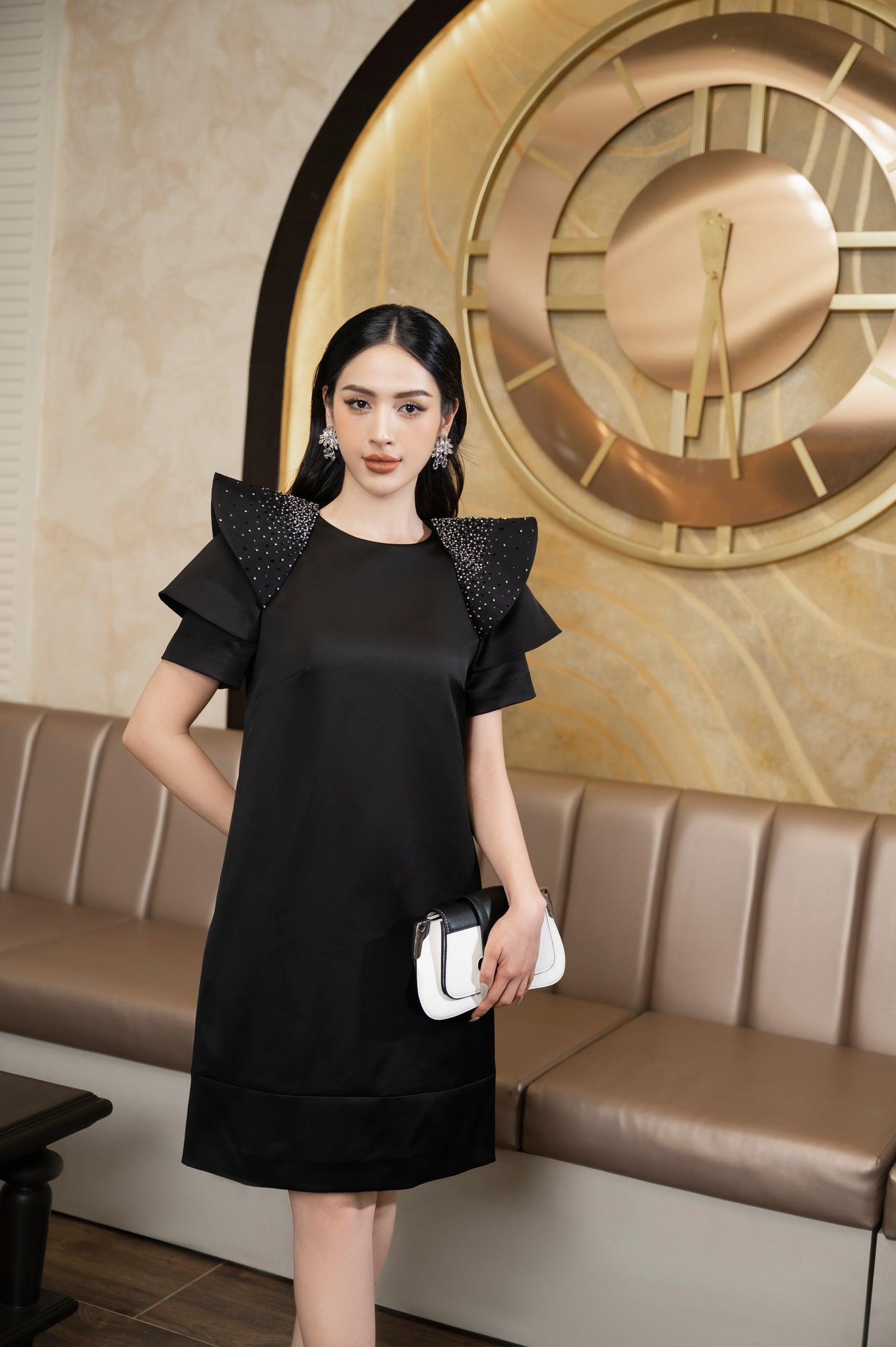 Black Satin Midi Dress with Embellished Ruffled Shoulders