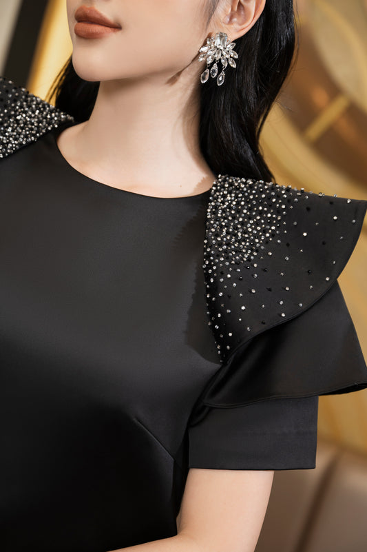 Black Satin Midi Dress with Embellished Ruffled Shoulders