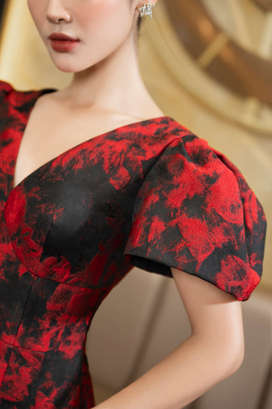 Red Floral Jacquard Midi Dress with Puff Sleeves