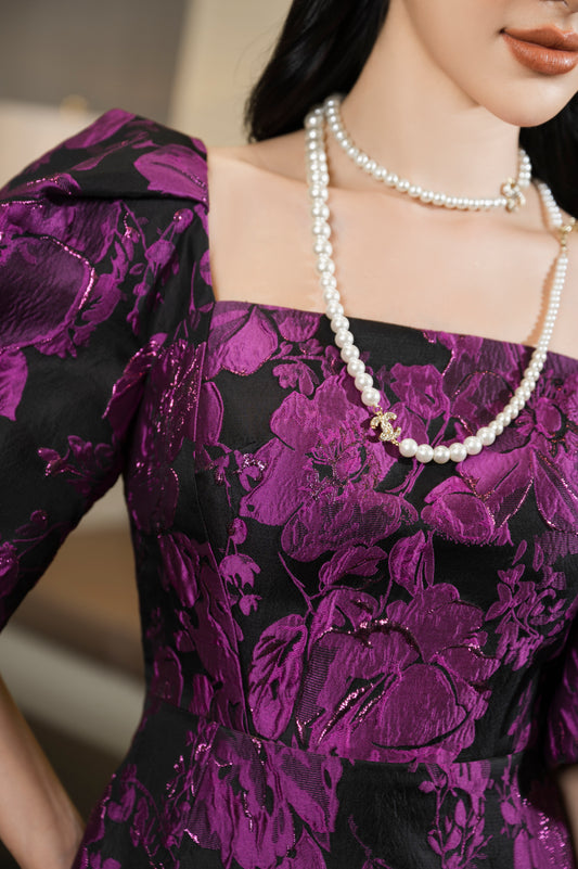 Purple Floral Jacquard Midi Dress with Puff Sleeves and Square Neckline