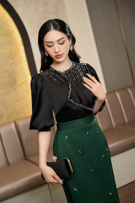 Black Embellished Puff Sleeve Top and Green Midi Pencil Skirt Set