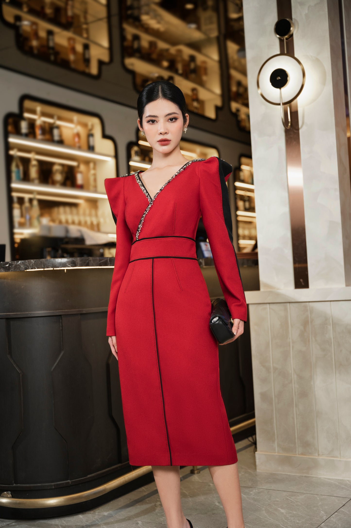 Red Long Sleeve Midi Dress, Elegant V-Neck with Embellished Trim