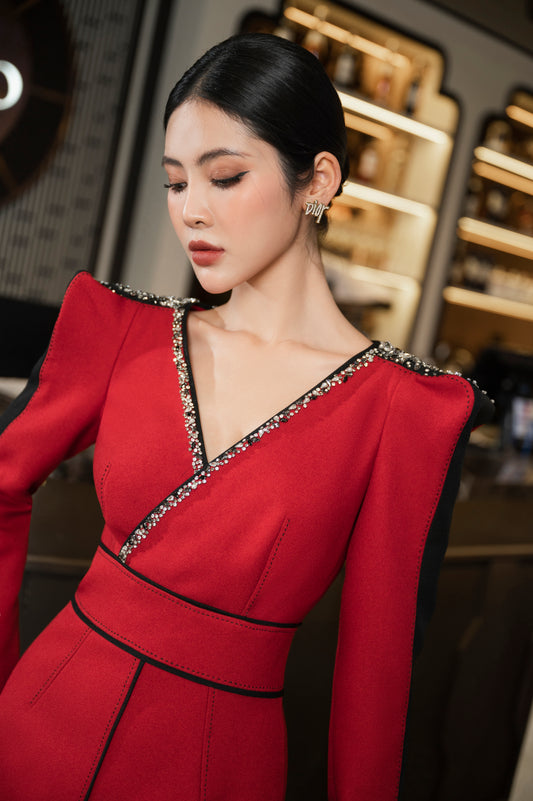 Red Long Sleeve Midi Dress, Elegant V-Neck with Embellished Trim