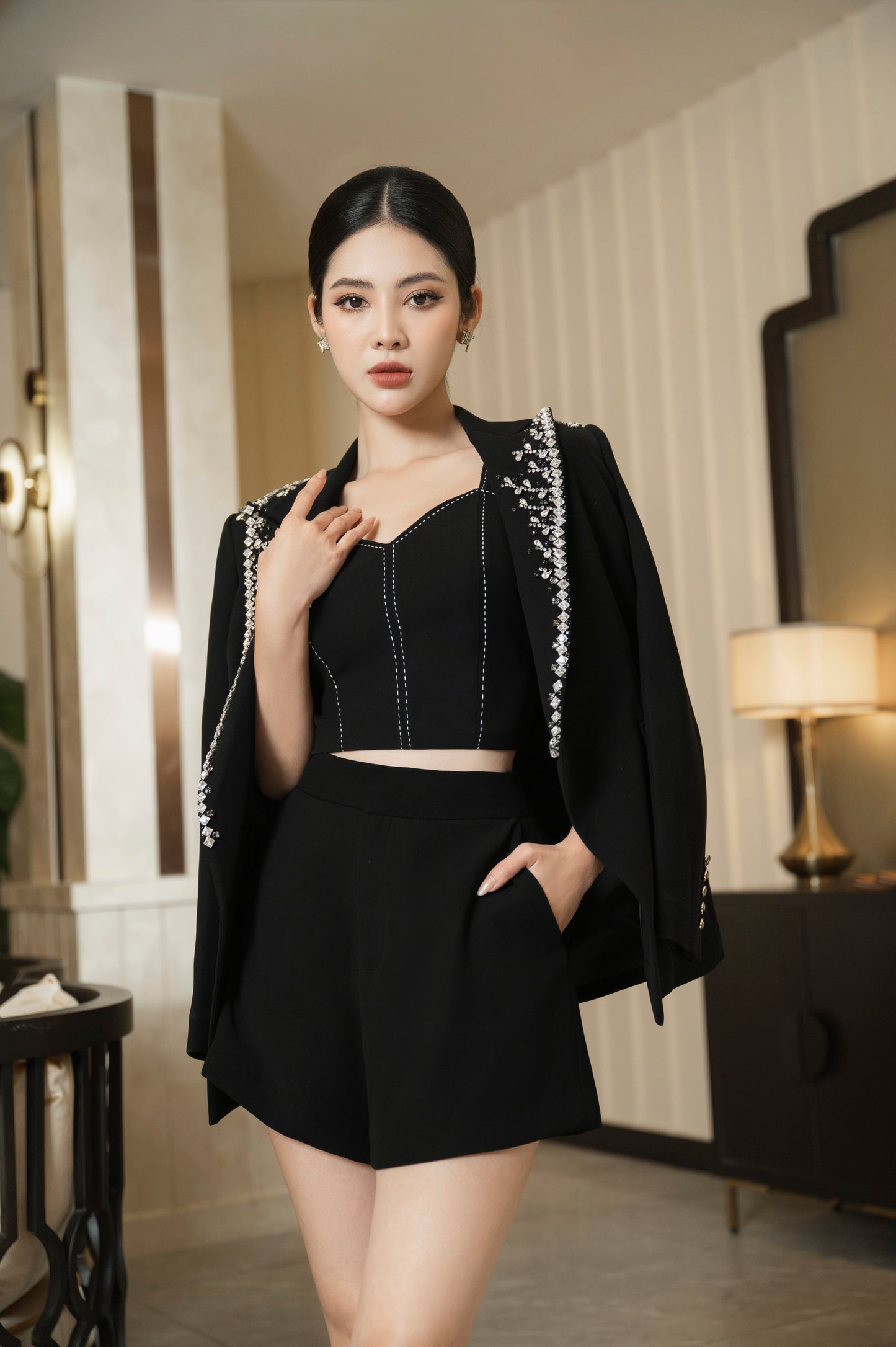 Black Embellished Blazer Set with High-Waisted Shorts