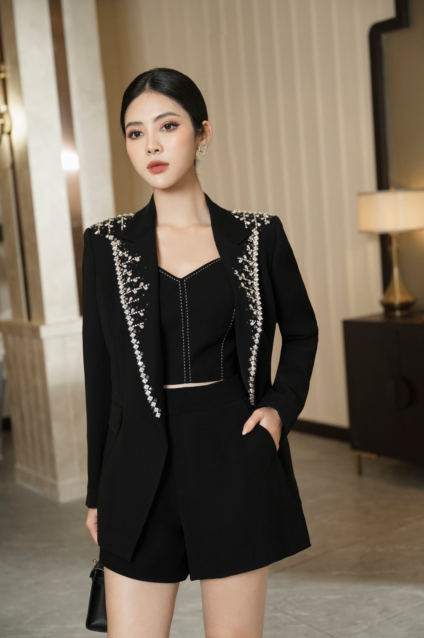 Black Embellished Blazer Set with High-Waisted Shorts