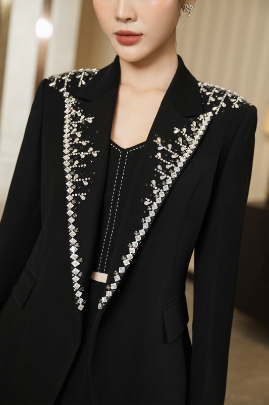 Black Embellished Blazer Set with High-Waisted Shorts