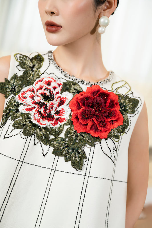 Sleeveless A-Line White Dress with Floral Embroidery