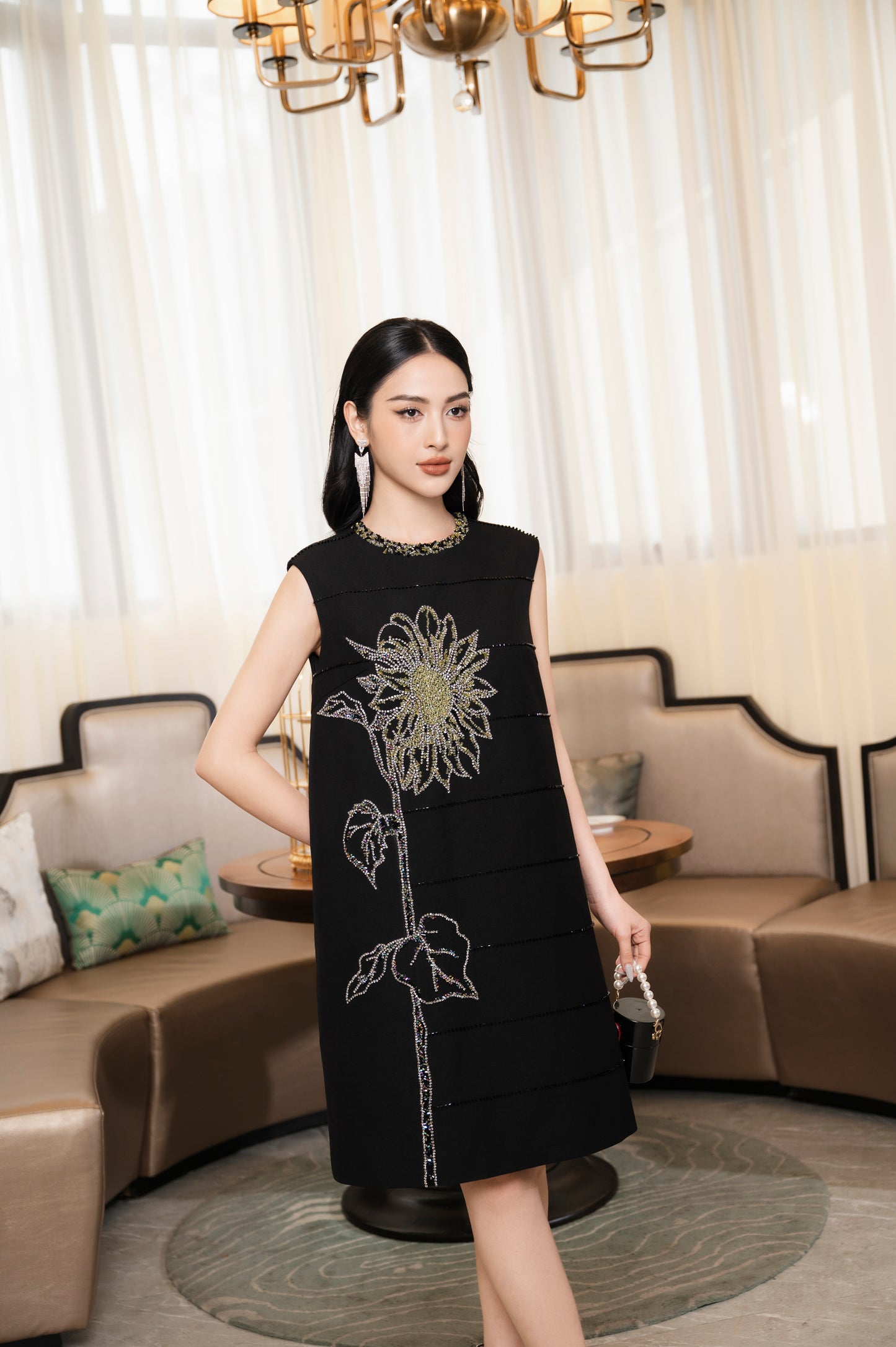Black Shift Dress with Gold Floral Embroidery – Sleeveless A-Line Dress