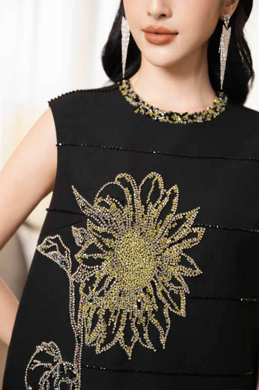 Black Shift Dress with Gold Floral Embroidery – Sleeveless A-Line Dress