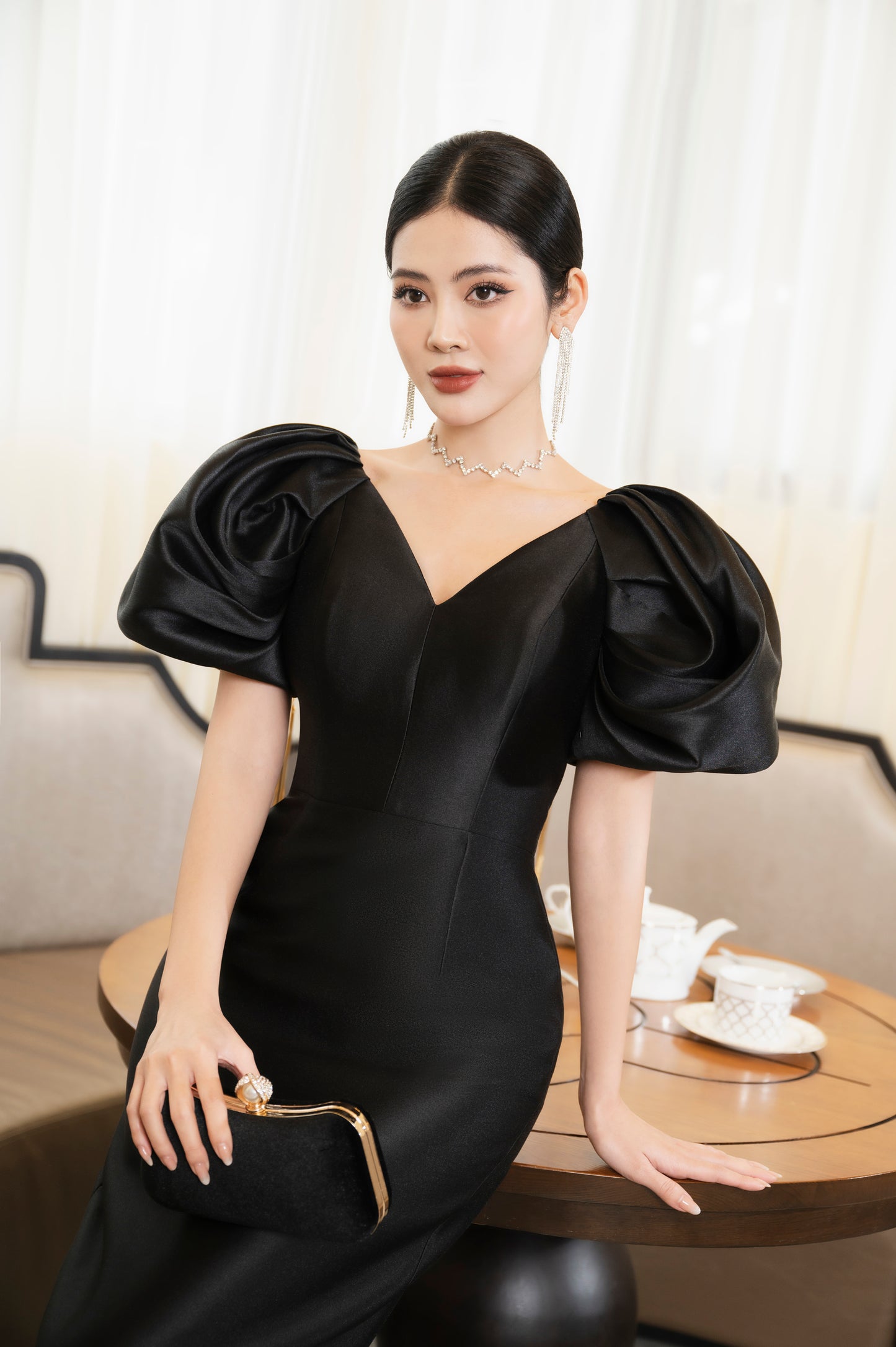 V-Neck Bodycon Dress with Voluminous Puff Sleeves