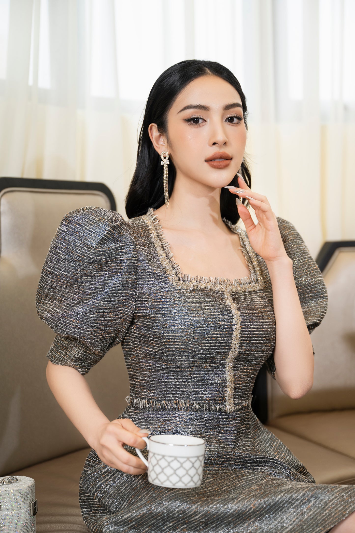 Tweed A-Line Dress with Puff Sleeves and Square Neckline