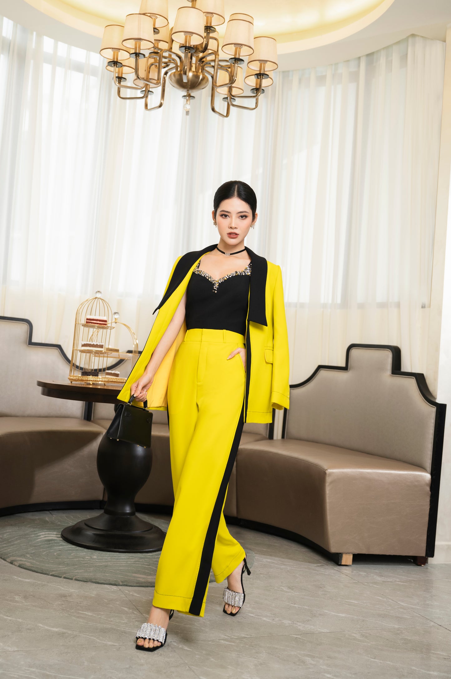 Yellow Blazer Pants Set with Embellished Black Top, Wide Leg Trousers
