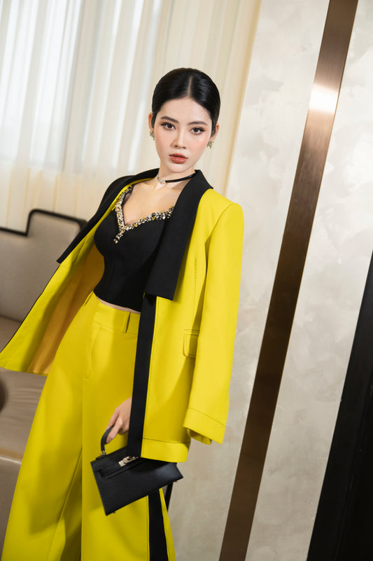 Yellow Blazer Pants Set with Embellished Black Top, Wide Leg Trousers