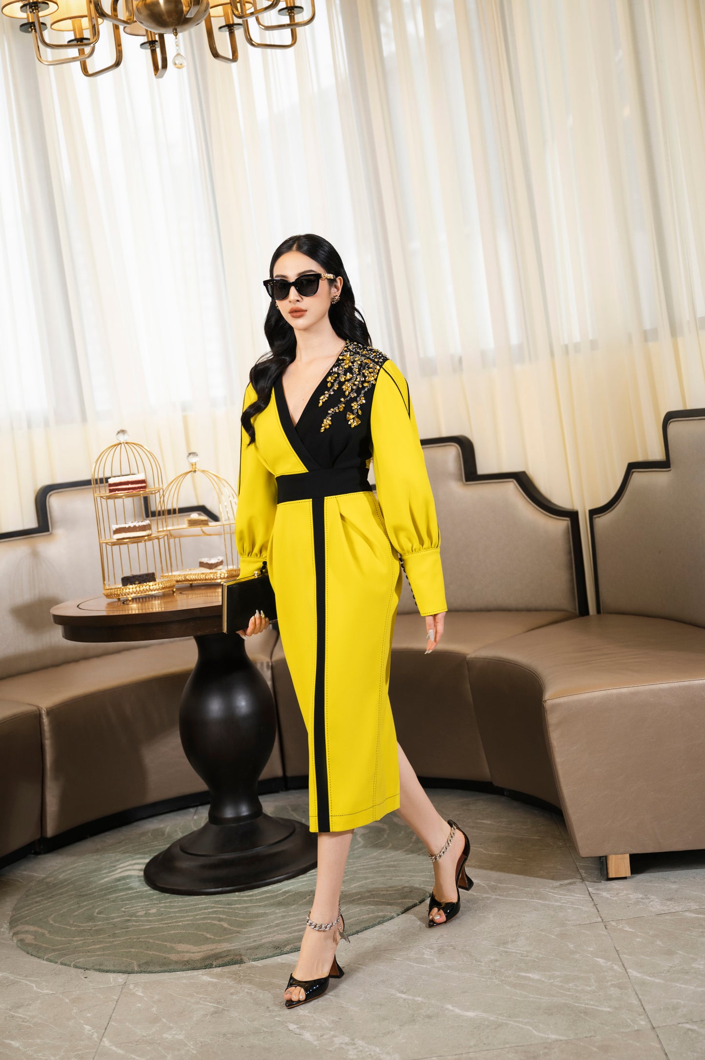 Bold Yellow Midi Wrap Dress with Black Embellished Detailing