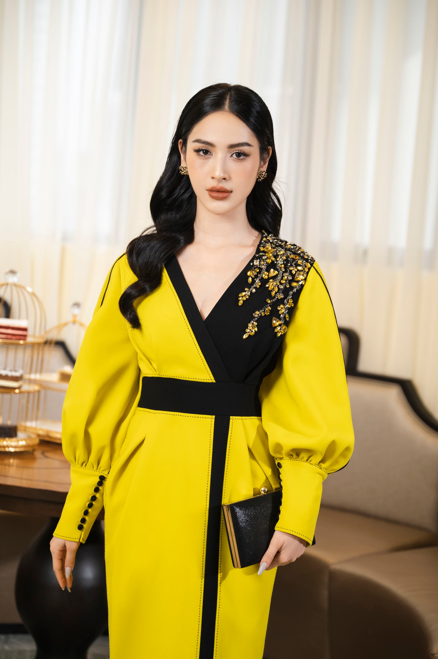 Bold Yellow Midi Wrap Dress with Black Embellished Detailing