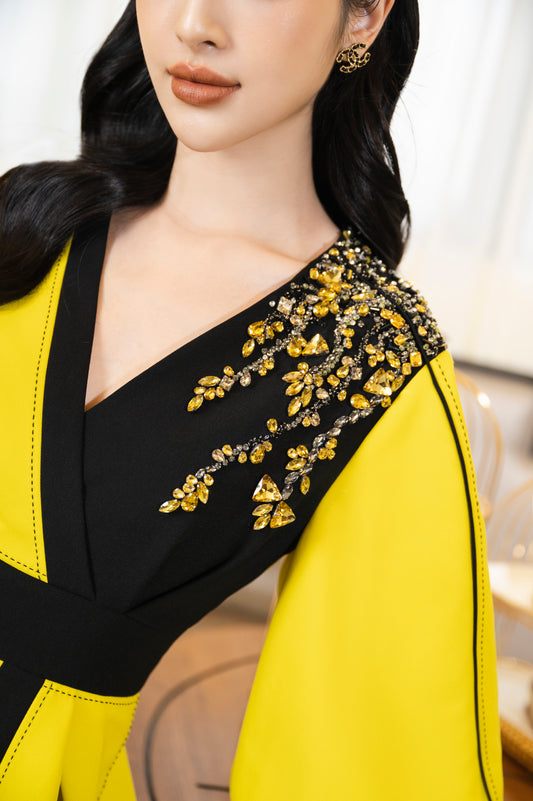 Bold Yellow Midi Wrap Dress with Black Embellished Detailing