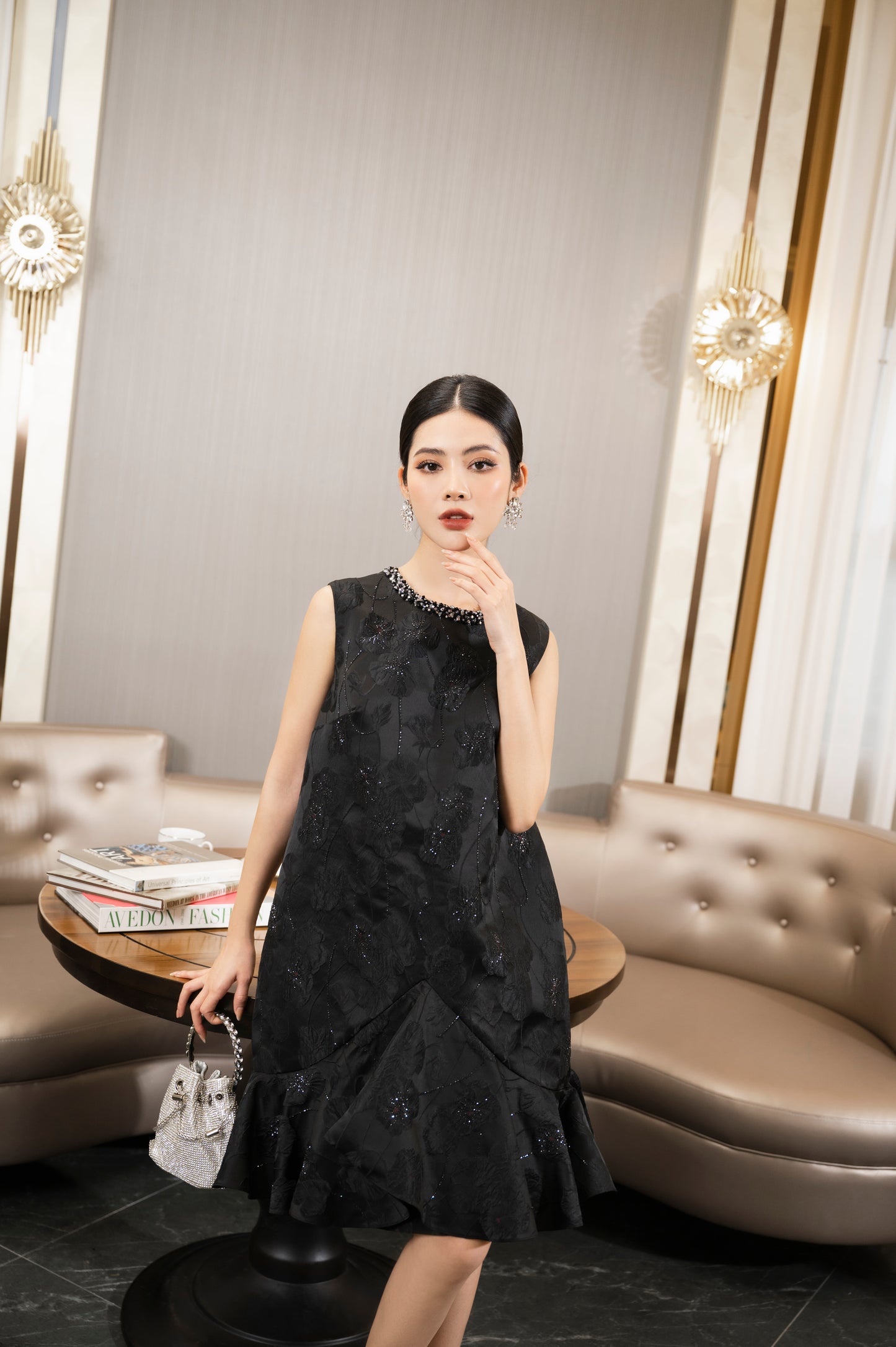 Black Sleeveless Floral Jacquard Dress with Flared Hem and Beaded Neckline