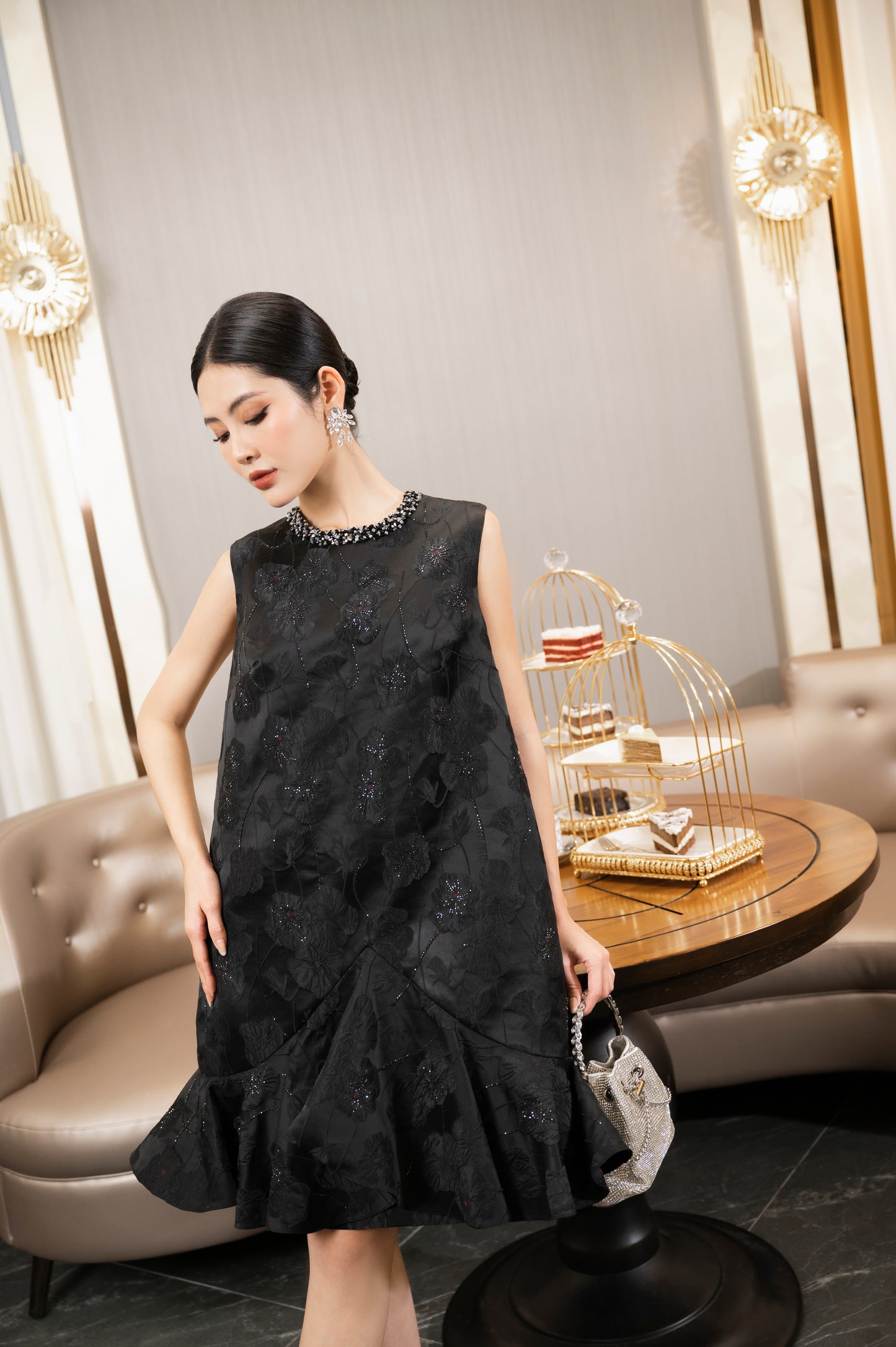 Black Sleeveless Floral Jacquard Dress with Flared Hem and Beaded Neckline