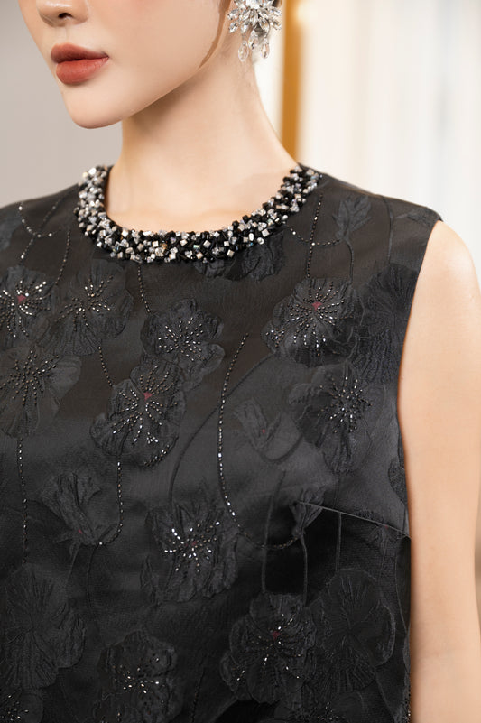 Black Sleeveless Floral Jacquard Dress with Flared Hem and Beaded Neckline