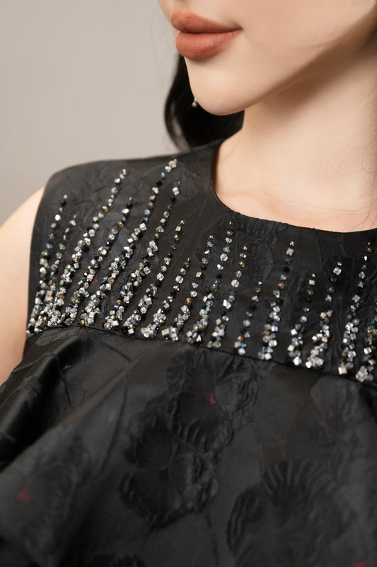 Black Sleeveless A-Line Dress with Ruffled Overlay and Sequin Detailing