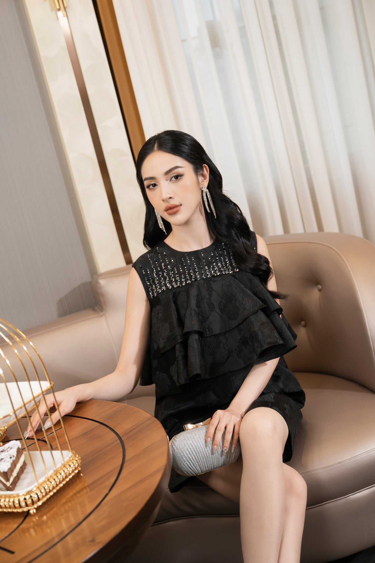 Black Sleeveless A-Line Dress with Ruffled Overlay and Sequin Detailing