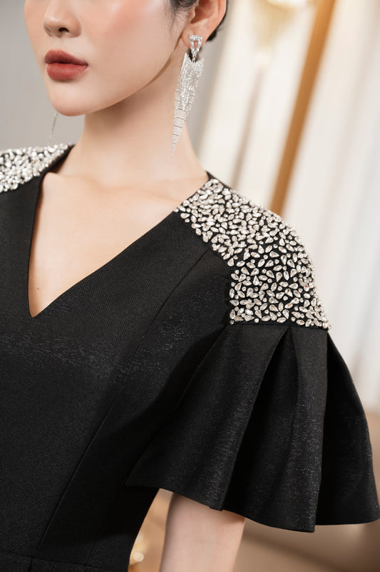 Black Peplum Midi Dress with Ruffled Sleeves and Pearl Detailing