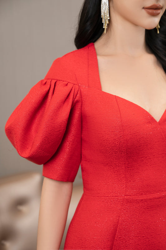 Elegant Red Bodycon Midi Dress with Puff Sleeves