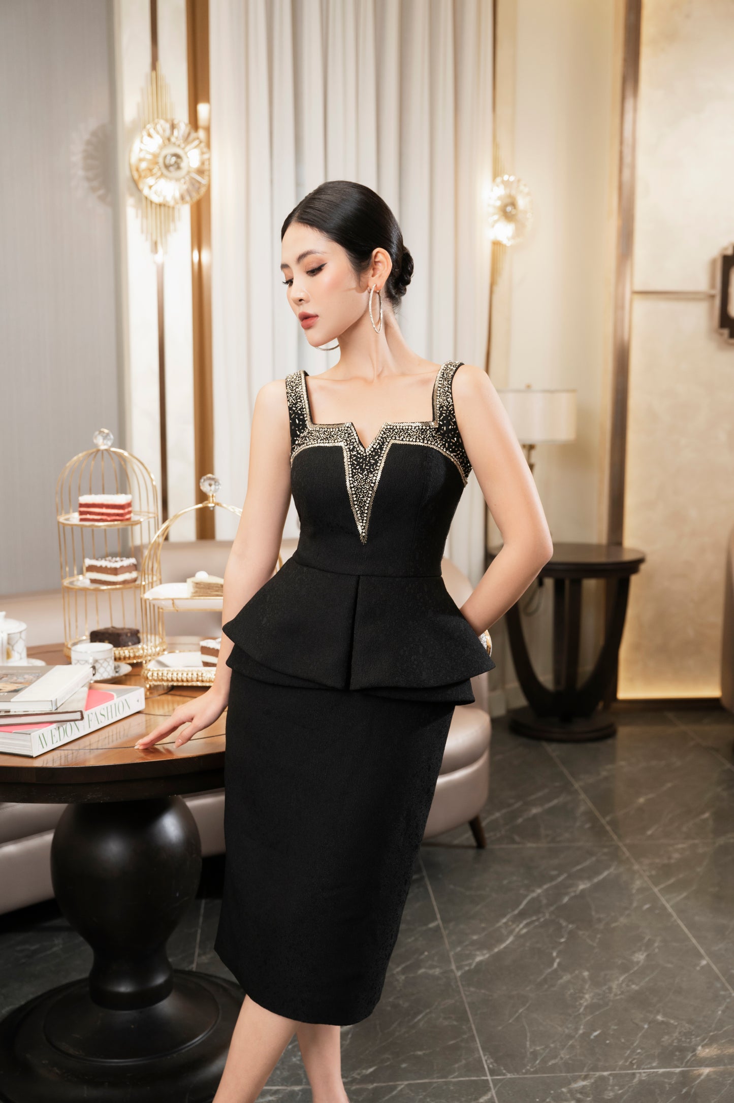 Black Sleeveless Peplum Midi Dress with Beaded Square Neckline