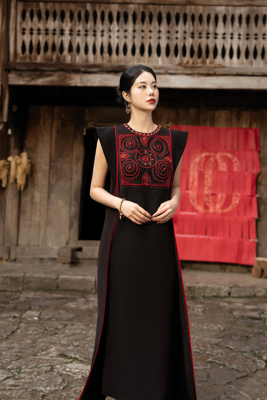 Black Gabardine Maxi Dress with Embroidered Bodice and Side Panels