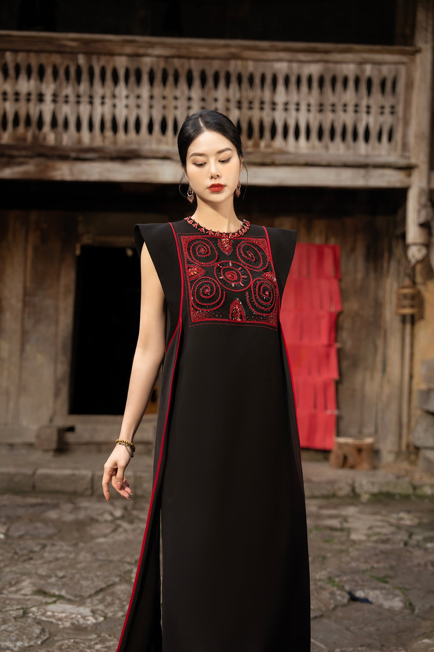 Black Gabardine Maxi Dress with Embroidered Bodice and Side Panels